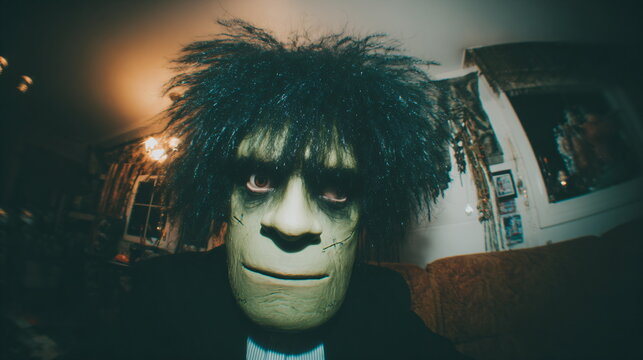 Man wearing Frankenstein monster mask looking directly at camera. Costume for Halloween celebration and party. Holiday fun concept.