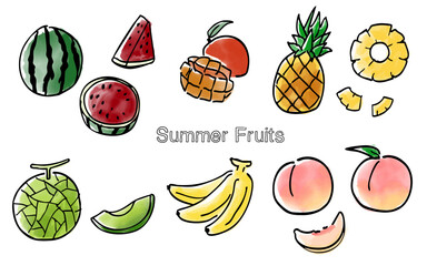 夏のフルーツセット：スイカ、マンゴー、パイナップル、バナナ、メロン、桃の水彩イラストレーション