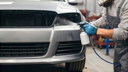 A mechanic sprays a car's front panel with a paint gun in a workshop, focusing on detailing and restoration.
