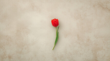 A single red tulip stands out against a textured beige background, creating a simple yet striking composition.