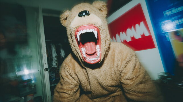 Man in homemade monster mask and costume looking straight at camera taking selfie. Halloween costume. Holiday fun concept. Different monster costumes for Halloween. Retro vintage photo. - Powered by Adobe