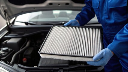 A mechanic is holding a clean cabin air filter while working under the hood of a car, emphasizing vehicle maintenance.