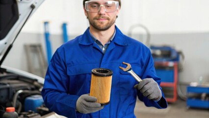 A mechanic in a blue uniform holds an oil filter and a wrench while standing in a workshop with a car engine in the background.