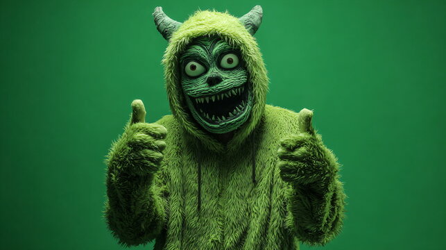 Green furry monster with a wide smile and a scary expression. Furry mythical creature on a green background with a chromakey effect for a comedy and funny video. For a Halloween plot, holiday costumes