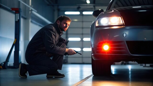 A mechanic inspects a car in a workshop, focusing on its tire, while using a flashlight to check for issues.
