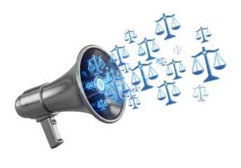 Powerful megaphone broadcasting justice and fairness symbols in a dynamic conceptual display