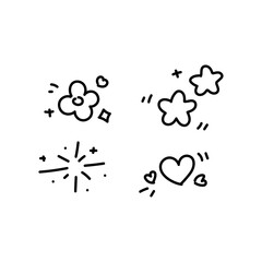 Cute hand-drawn doodles Flowers, stars, hearts, and sparkling elements