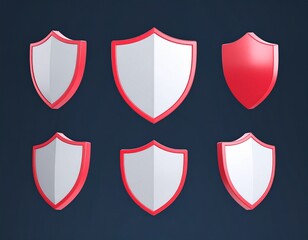 Collection of Six Stylized 3D Shields in Red and White, Representing Robust Protection, Security, and Defense Concepts for Digital Environments.