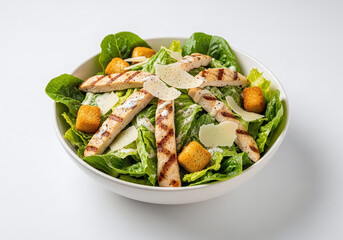 A bowl of caesar salad with grilled chicken croutons and parmesan cheese on a white background