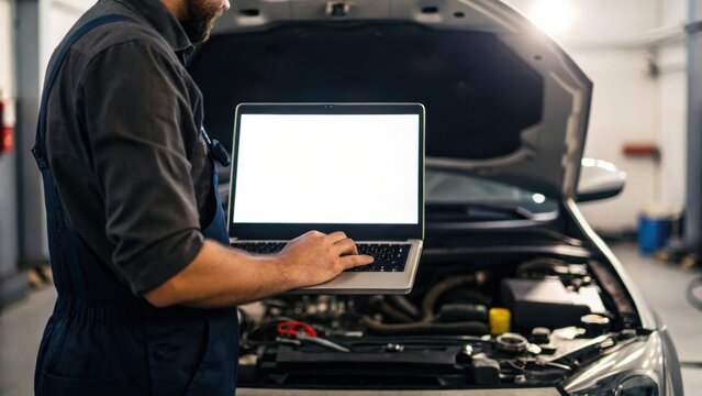 A mechanic uses a laptop to diagnose a car's issues, highlighting the integration of technology in automotive repair.
