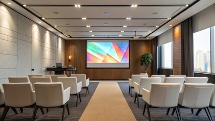 A modern conference room featuring comfortable seating, a large screen displaying colorful graphics, and a stylish aesthetic.