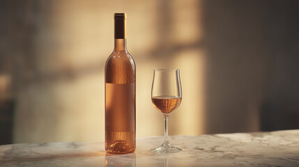 A closeup of a wine bottle and glass on marble, bathed in warm amber tones with a blurred background.