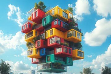 Colorful Modern Container Building with Greenery Floating in Sky