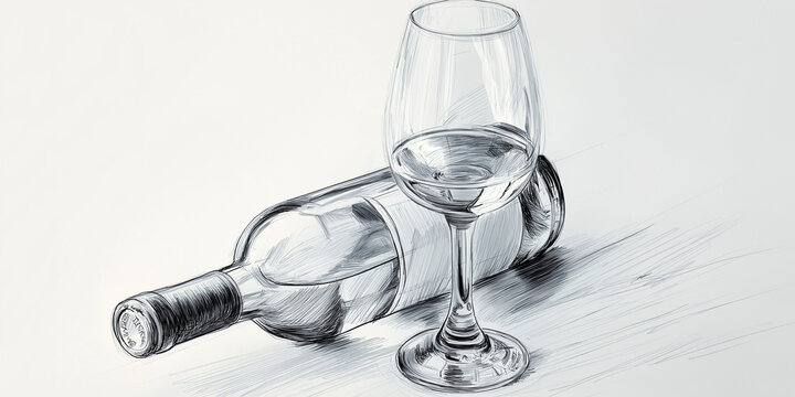 pencil sketch of a wine bottle with glass, clean white background, graphite line drawing