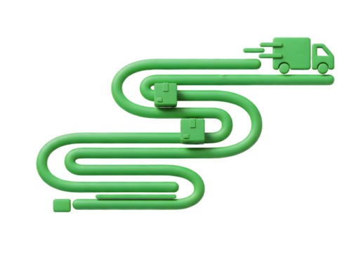 Swift green delivery truck navigates complex logistics path with package icons