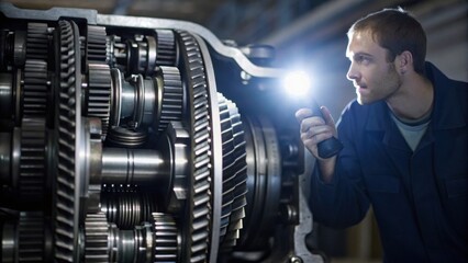 Fototapeta premium A technician inspects a complex mechanical gearbox, using a flashlight to examine the intricate gears and components in detail.