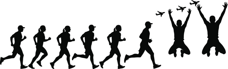 Silhouette of runners jumping, airplane background, freedom, motion, achievement, fitness, celebration, active lifestyle, exercise, joy, progression, movement, energy, outdoors