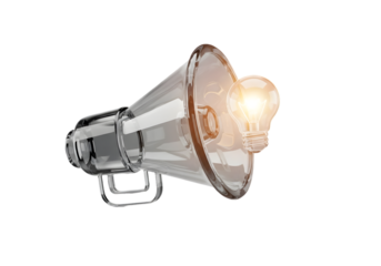 Shining idea bulb within a transparent megaphone broadcasts innovation and inspiration for business success