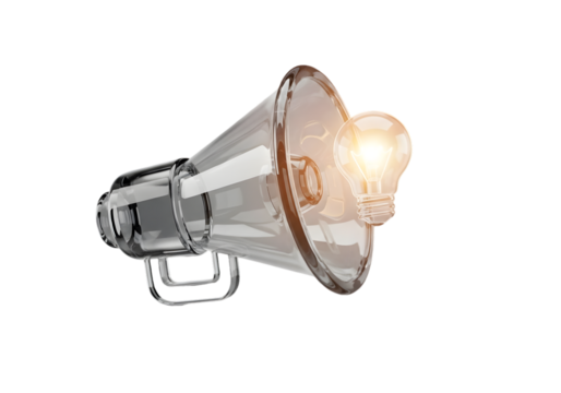 Shining idea bulb within a transparent megaphone broadcasts innovation and inspiration for business success