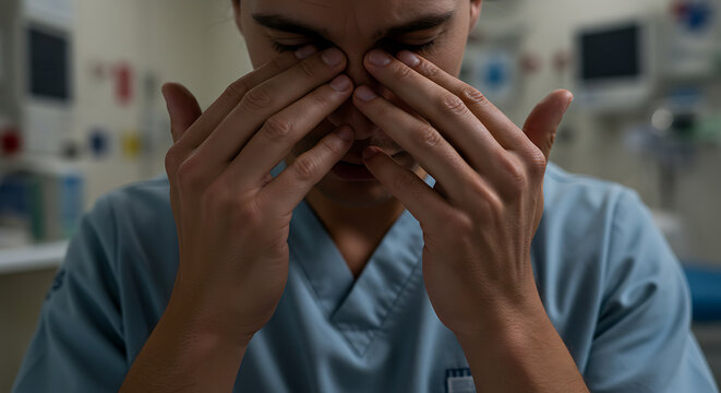Stressed Healthcare Worker in Hospital: Burnout and Fatigue Among Medical Professionals - Powered by Adobe