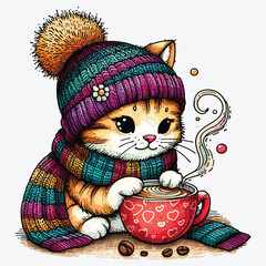 Cute cartoon hand drawn card with cat in knitted hat and scarf, drinking coffee, vector lustration stock illustration