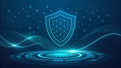 Digital Security Abstract Background with Neon Shield, Light Waves, and Futuristic Cyber Protection Elements on Dark Blue Backdrop