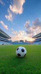 Fototapeta premium Soccer Ball on Green Artificial Grass in Stadium at Sunset
