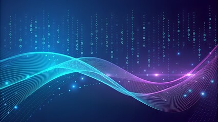 High-Resolution Abstract Binary Code Background with Glowing Particles, Digital Connectivity, and Futuristic Light Waves in Neon Blue