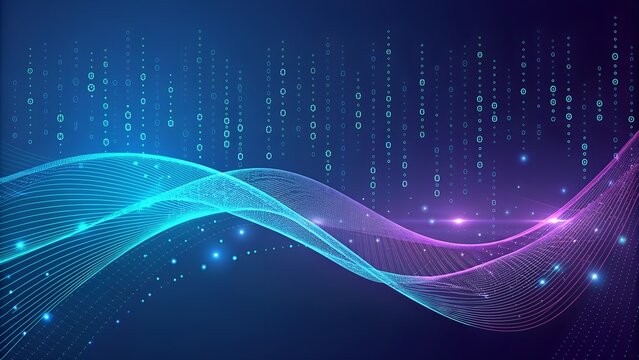 High-Resolution Abstract Binary Code Background with Glowing Particles, Digital Connectivity, and Futuristic Light Waves in Neon Blue
