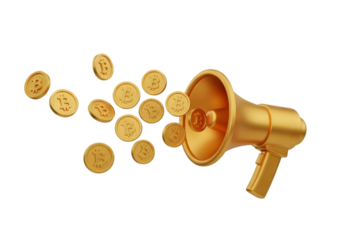 Golden megaphone broadcasting flying Bitcoin coins, symbolizing crypto promotion and financial opportunity.