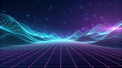 High-Tech Abstract Grid Background with Luminous Waveforms, Radiant Light Streams, and Glowing Particles Representing Connectivity