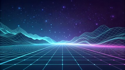 Futuristic Digital Grid Abstract Background with Neon Energy Waves, Glowing Data Particles, and Endless Wireframe Landscape