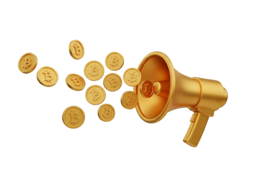 Golden megaphone broadcasting flying Bitcoin coins, symbolizing crypto promotion and financial opportunity.