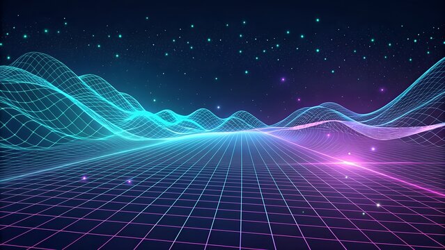 High-Resolution Abstract Technology Background Featuring Glowing Grid, Neon Waveforms, and Data Flow Particles on Black Gradient