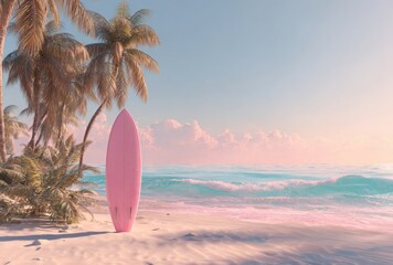 Serene beach scene with palm trees, a pink surfboard, gentle waves, and a pastel sky during sunset