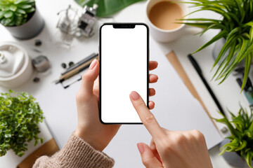 Top-down view of a woman using and pointing at a device, perfect for UX/UI demonstrations, tech branding, and digital marketing visuals.