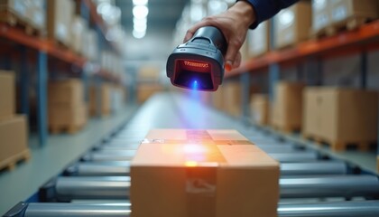 Warehouse worker scans cardboard box on conveyor belt using barcode scanner. Blue light beam reads product data for logistics, inventory management. Streamlined automation increases supply chain