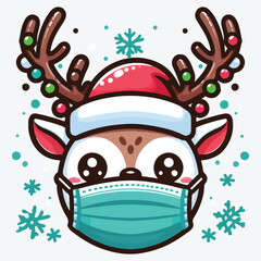 Cute Christmas Reindeer Face with Mask Vector stock illustration