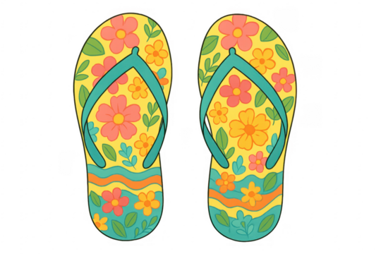 Yellow floral flip-flops on transparent background representing summer vacation - Powered by Adobe