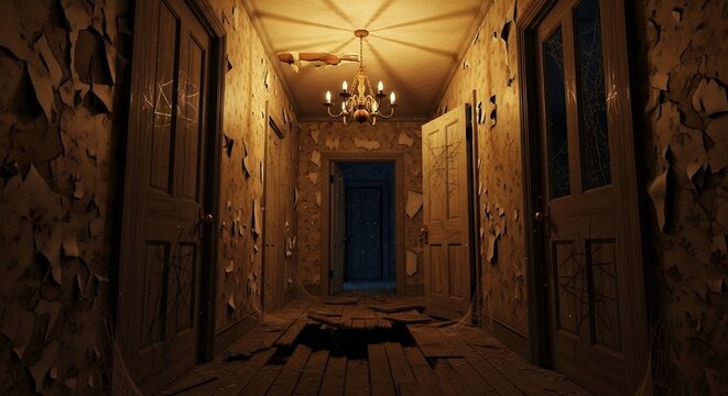 Abandoned Dilapidated Hallway with Peeling Walls and Broken Floorboards in Old House - Powered by Adobe