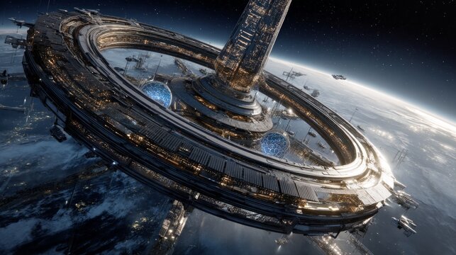 Futuristic Orbital Space Station Floating Above Earth