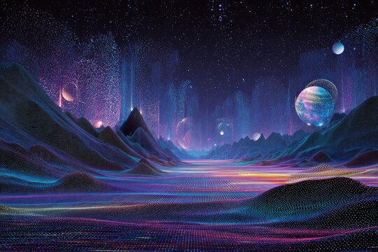 A vibrant, otherworldly landscape under a starlit sky