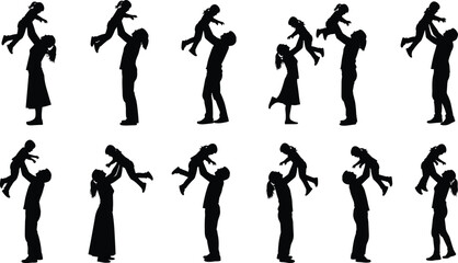 Silhouette, parents, children, lifting, family, bonding, joyful, playful, interaction, love, happiness, sunset, outdoor, parenting, togetherness, carefree, emotional, connection, lifestyle, stock