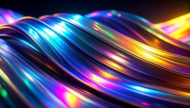 Abstract swirling ribbons of iridescent light with a metallic sheen, suggesting digital data flow and futuristic technology.