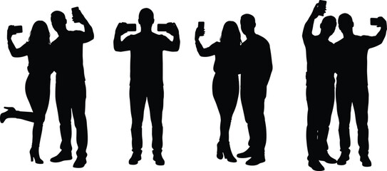 Silhouette, people, taking, selfies, smartphone, photography, group, poses, individual, fun, social, media, black, white, background, modern, communication, friends, couple, moments