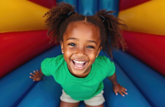 Joyful African child with pigtails plays energetically inside a colorful bounce house. Smiling girl wears a green t-shirt and shorts, experiencing pure childhood fun and excitement at a party.