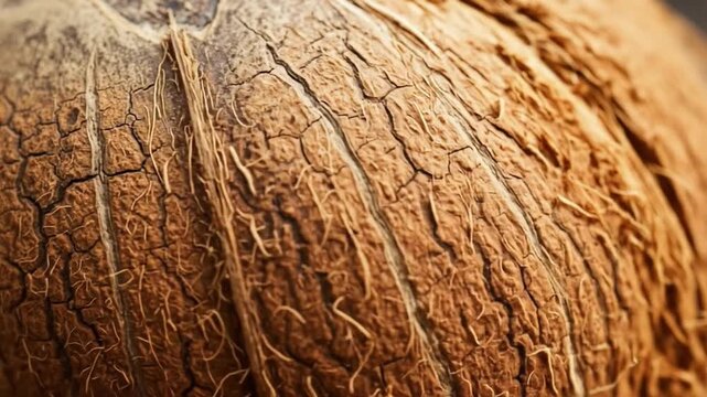 Abstract close-up video showcasing the intricate texture and detail of a coconut shell against a