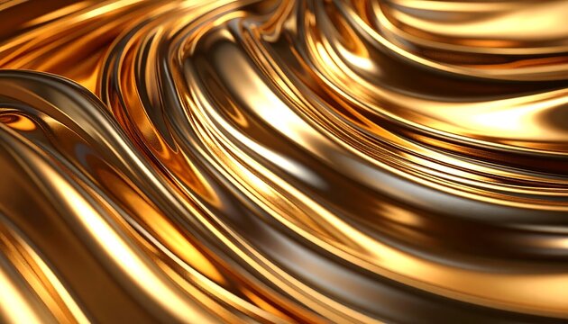Abstract flowing liquid gold metallic texture with smooth waves and reflections.