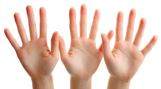 Three hands raised, palms up, fingers extended