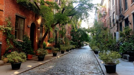 Serene cobblestone pathway lined with lush greenery and potted plants in a peaceful outdoor garden setting